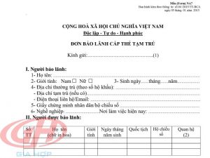 Mẫu NA7 - Đơn bảo lãnh cấp thẻ tạm trú cho người nước ngoài