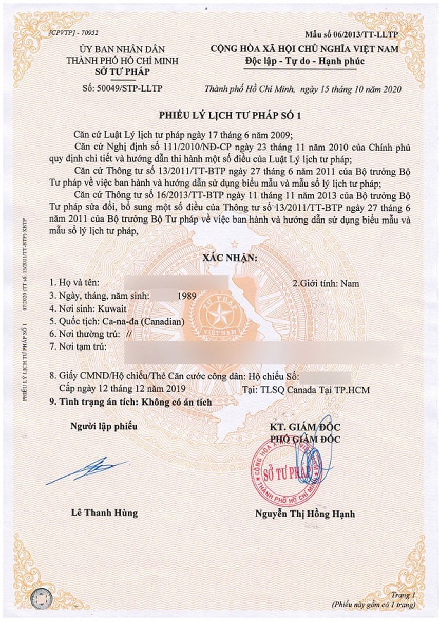 kết quả lý lịch tư pháp số 1