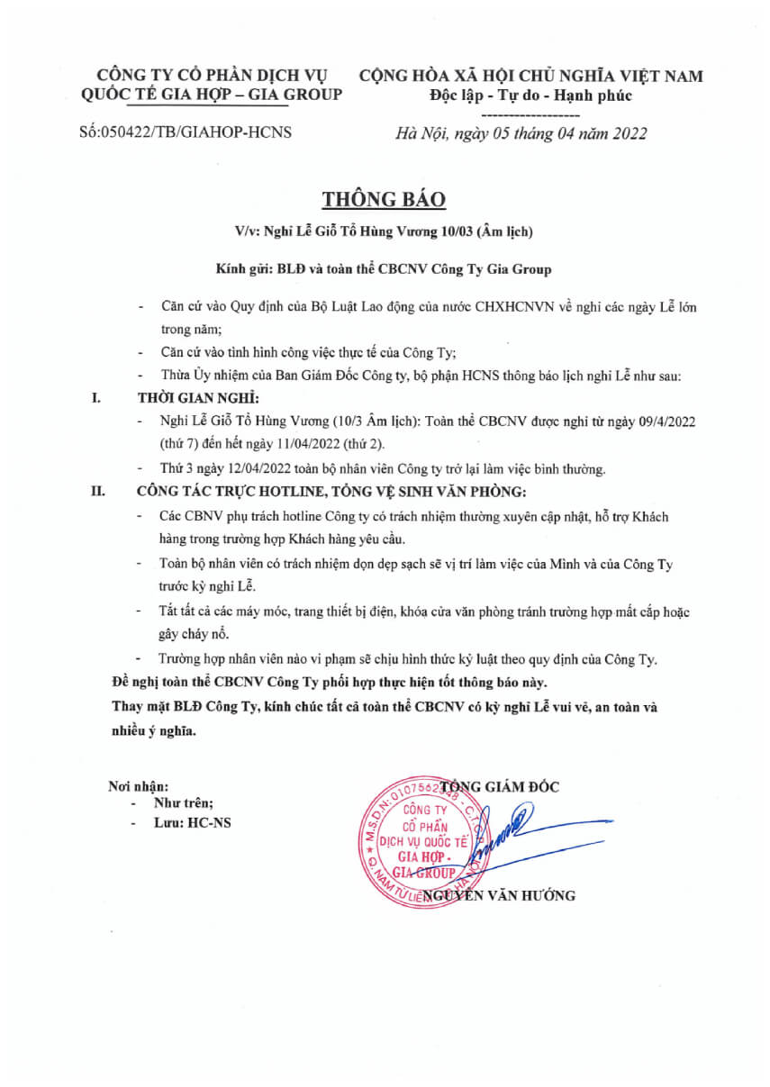 lịch nghỉ lễ giỗ tổ hùng vương 2022 gia hợp