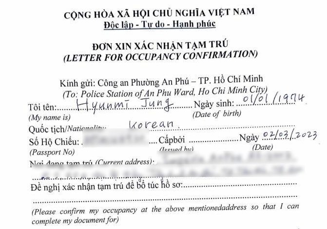 Giấy xác nhận tạm trú cho người nước ngoài